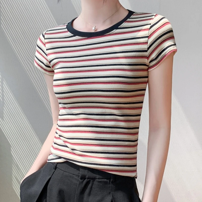 Retro Contrast Color Stripe Fashionable INS Short Sleeve T-Shirt Women Summer Slimming Base Layer Top Trendy Small Shirt
