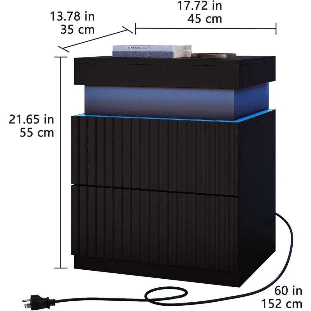 مجموعة منضدة LED حديثة مكونة من قطعتين مع قاعدة شحن وأدراج وقميص منزلق للتخزين بجانب السرير والراحة #2