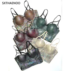 SXTHAENOO Women Fashion Sexy Flash Snake Pattern Bronzing Laser Bustier Crop Corset Cami Top Carnival Party Club Outfit Mujer