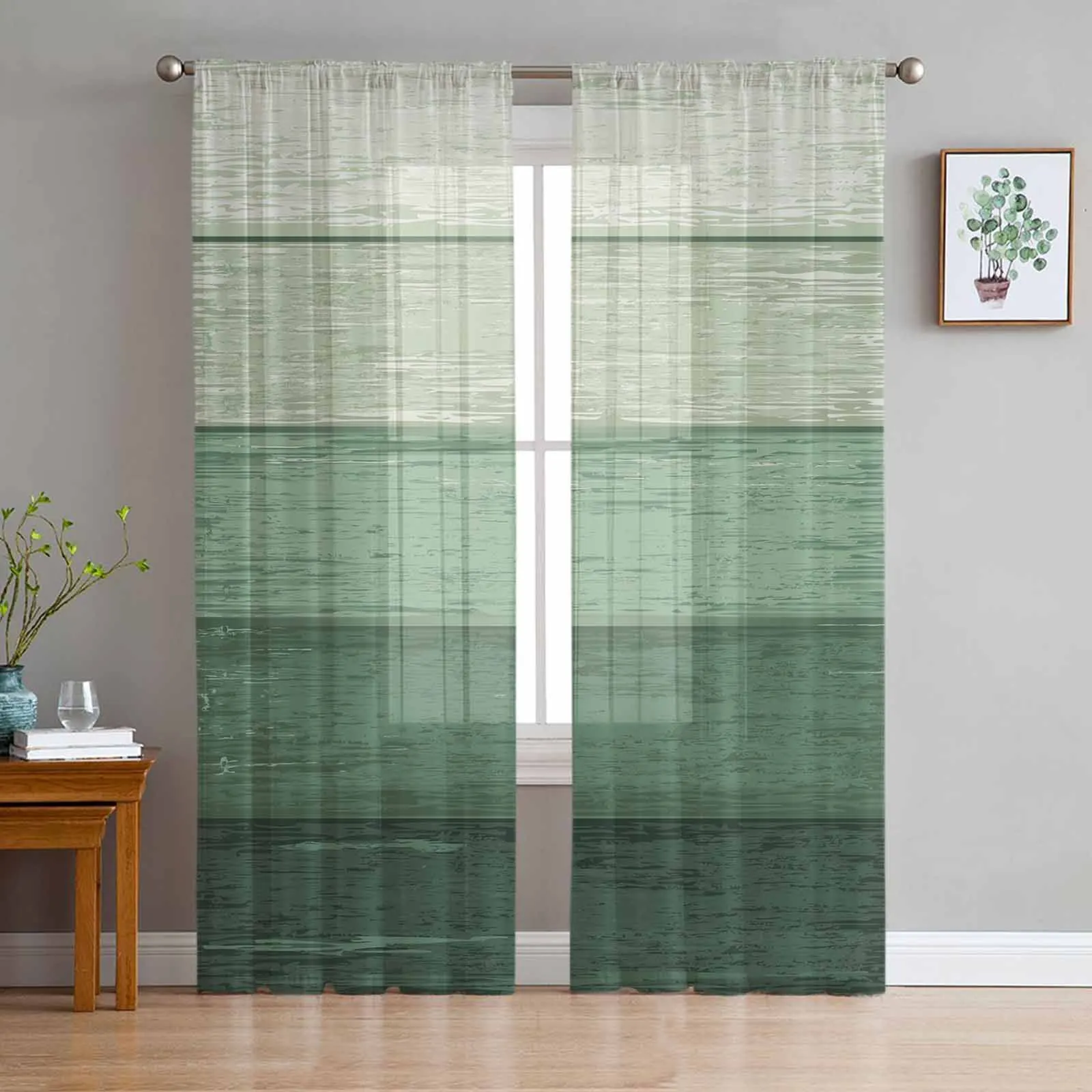 

Wood Grain Striped Green Gradient Sheer Curtains for Living Room Bedroom Window Treatment Kitchen Chiffon Curtain