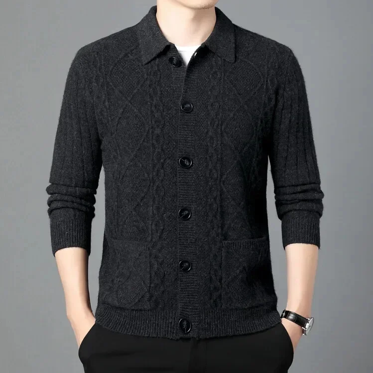 

100% Men's wool cardigan winter thick lapels casual single-breasted men's sweater loose jacket men