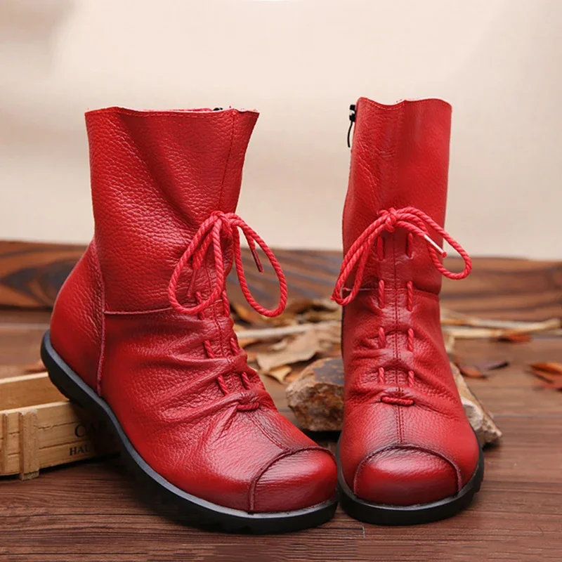 Bottes de rinçage en cuir de vachette véritable pour femmes, chaussures plates à plateforme, fermeture éclair latérale, mode automne et hiver 2024