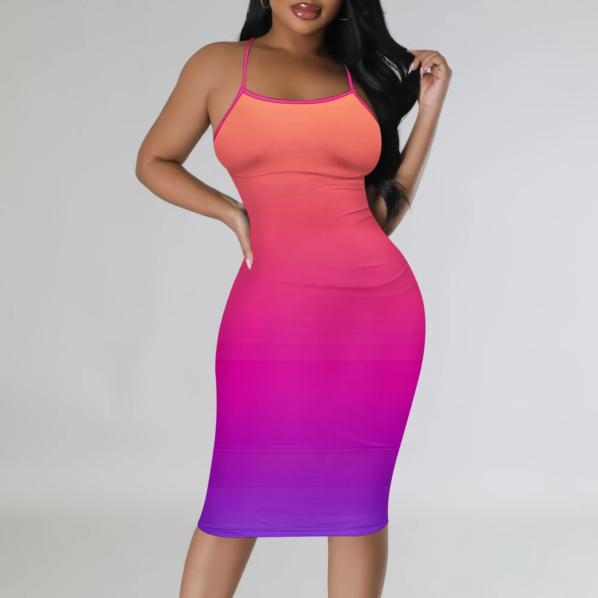 

Women's Summer Boho Spaghetti Straps Bodycon Midi Dress Sexy Stretchy Ombre Print for Party Date Vacation Picnic