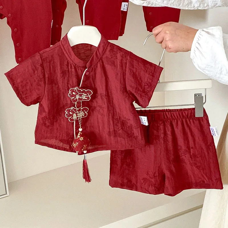

2026 Summer Toddler Boy Outfits Chinese Style New Year Red Short Sleeve Tops+Shorts Baby Clothing Sets Kids Luxury Clothes B321