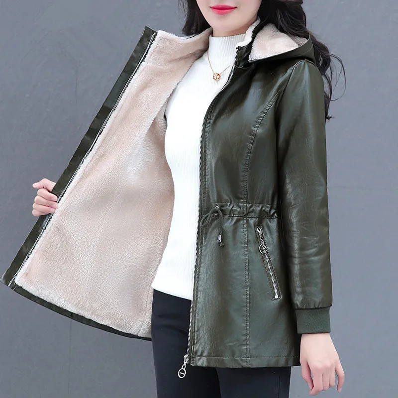 UHYTGF Fleece Winter Leather Female Quality Pu Leather Windbreaker Women Temperament Slim Warm 3XL Big Size Coat Deri Ceket 425