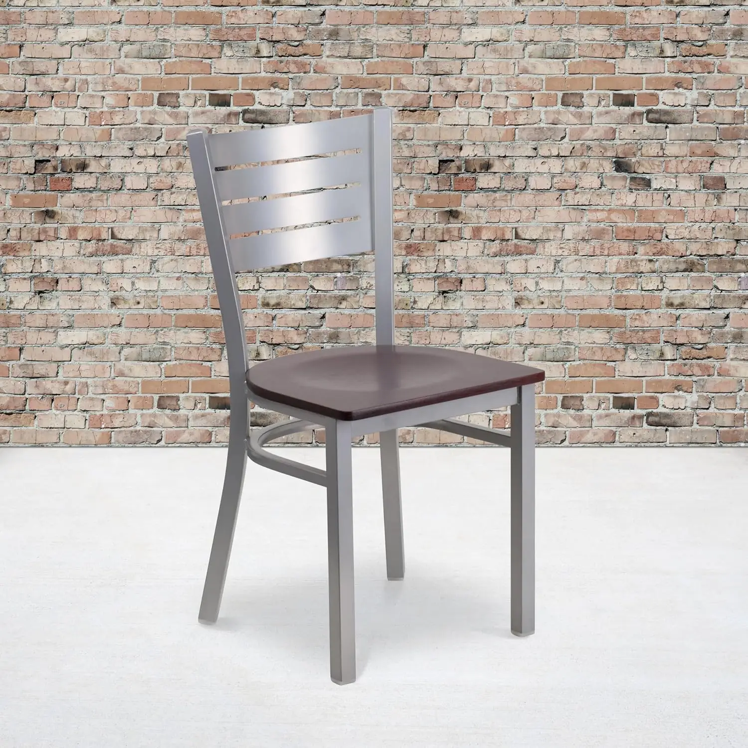 Silver Slat Back Metal Restaurant Chair - Mahogany Wood Seat