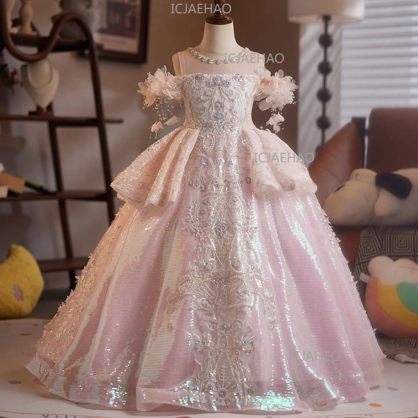 High-End Girls Formal Dress, Kids Host & Piano Performance Outfit, Girls Birthday Princess Gown, 2026 New Style Pink Costume