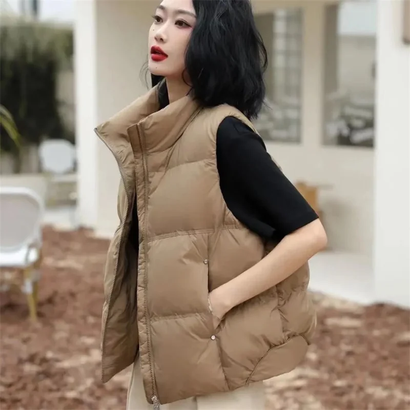 2024 New Korean Autumn Winter Jackets Sleeveless Women\'s Vest Thicken Warm Cotton-padded Coat Stand Collar Vest Trendy Waistcoat