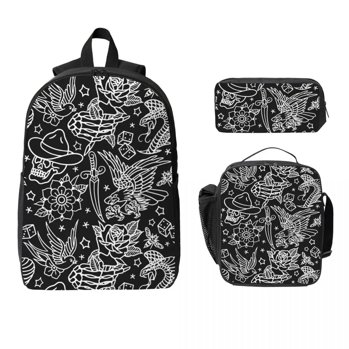 

American Traditional Tattoo Flash Print Backpack Student Boys Girls BookBag School Bag 3ps Insulated Lunch Bag Pencil Case