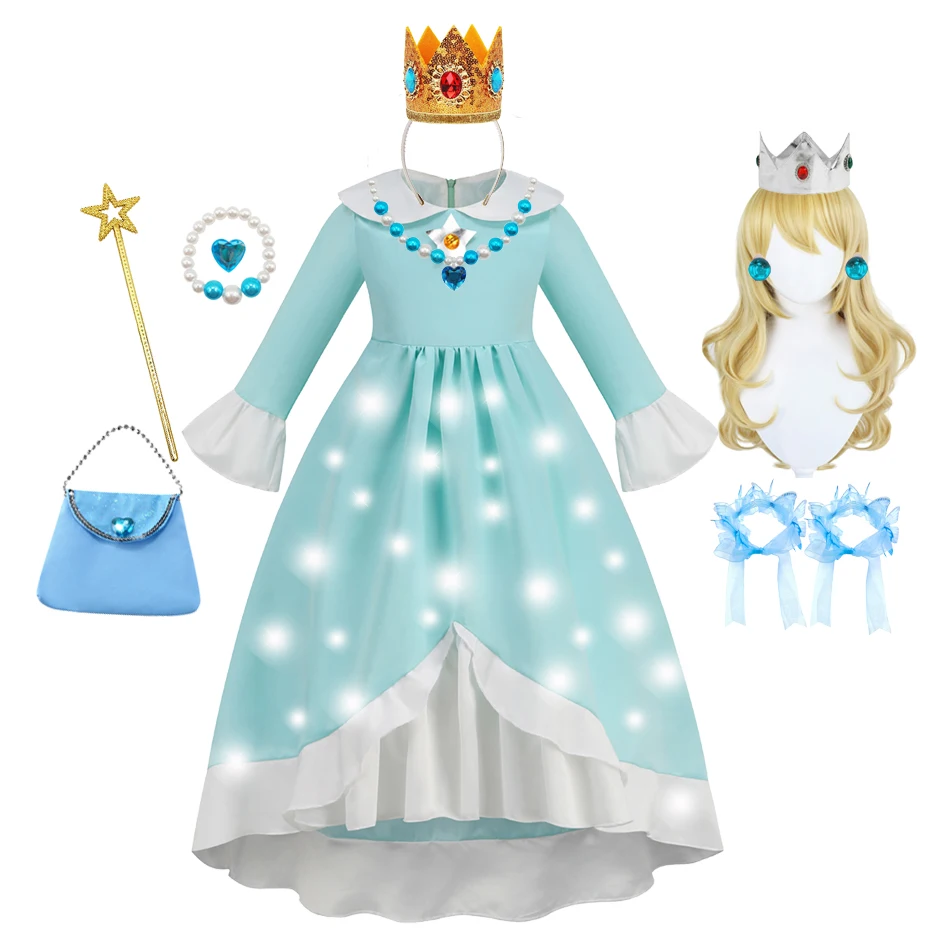 Girls Rosalina Role Play Costume Peach Blue White Cosplay Dress with Crown for Kids Children Halloween Costume Birthday Gift