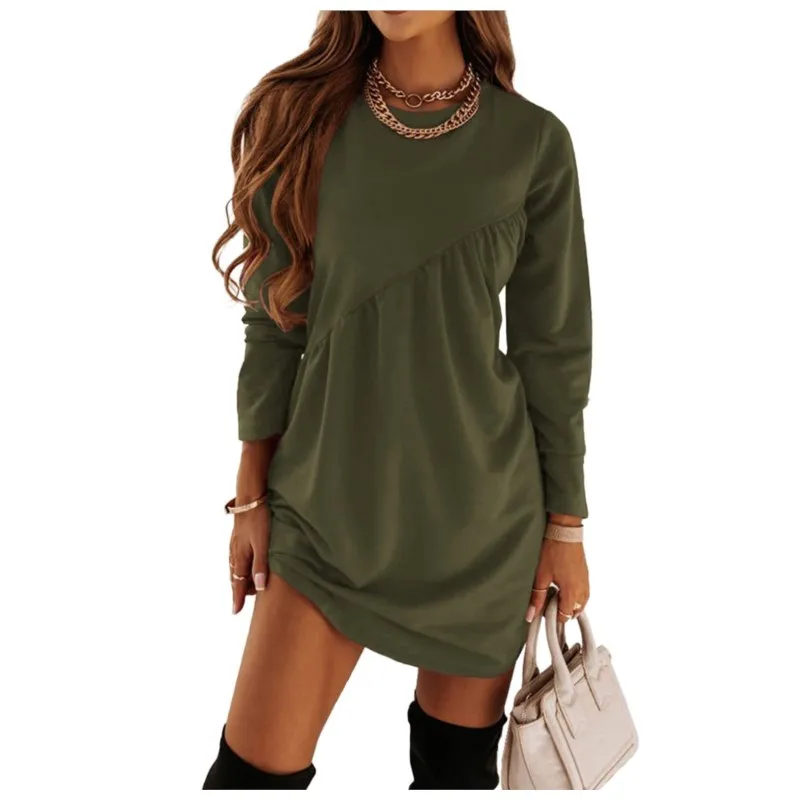 Autumn And Winter New Solid Color Long Sleeved Irregular Round Neck T-shirt Dress Women\'s Pullover Casual Versatile Mini Skirt