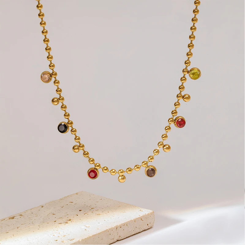 EILIECK 316L Stainless Steel Colored Zircon Crystal Beaded Necklace For Women High Quality Rustproof Neck Jewelry Girls Gift