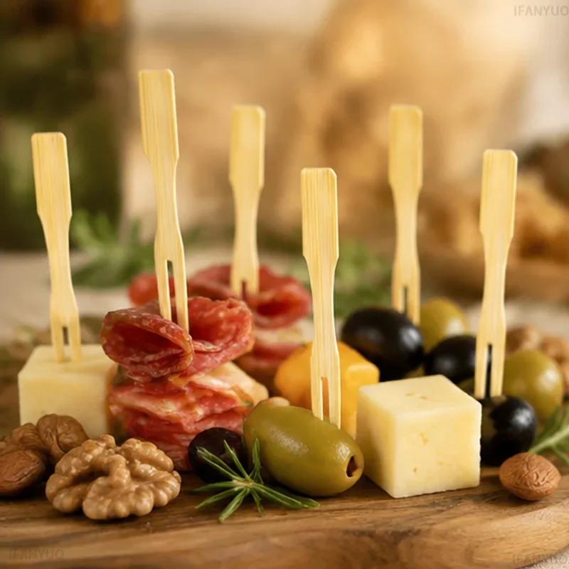 100/500Pcs Disposable Bamboo Fruit Fork Japanese Style Wooden Dessert Cocktail Fork Set Party Household Decor Tableware Supplies