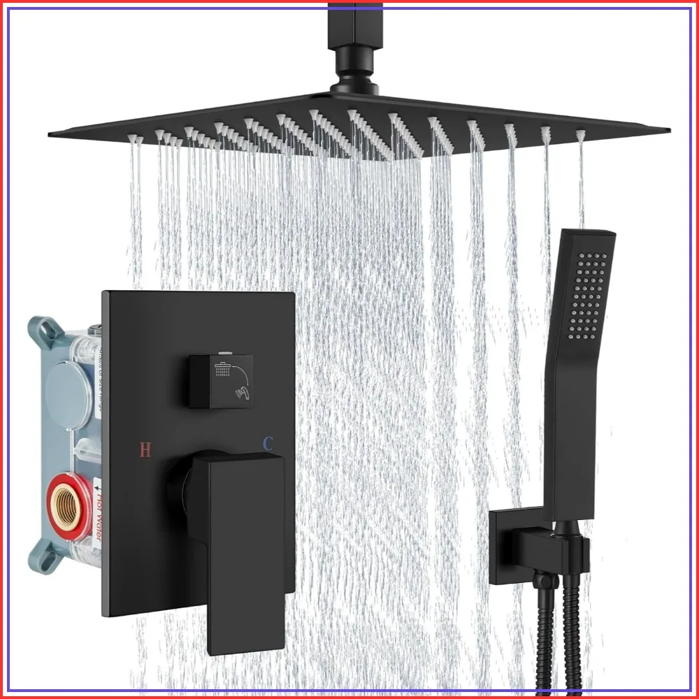 

Ceiling Mount Shower System with Handheld Spray, High Pressure Rain Shower Head, Rough-in Valve Trim Kit Included, 12 Inch, Matte Black