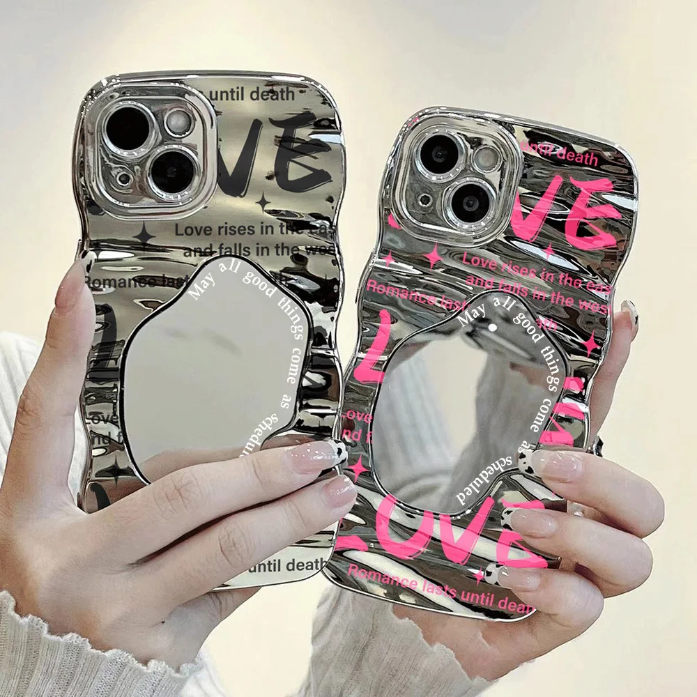 

Wave Pattern Mirror Phone Case For iPhone 15 Pro Case iPhone 16 11 13 12 14 Pro Max Cute Letters Shockproof Bumper Back Cover
