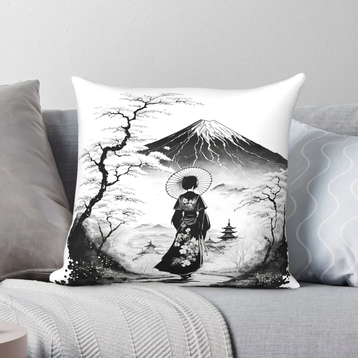 Geisha Pilgrimage To Fuji Square Pillowcase Polyester Linen Velvet Creative Zip Decor Throw Pillow Case Sofa Cushion Case 18
