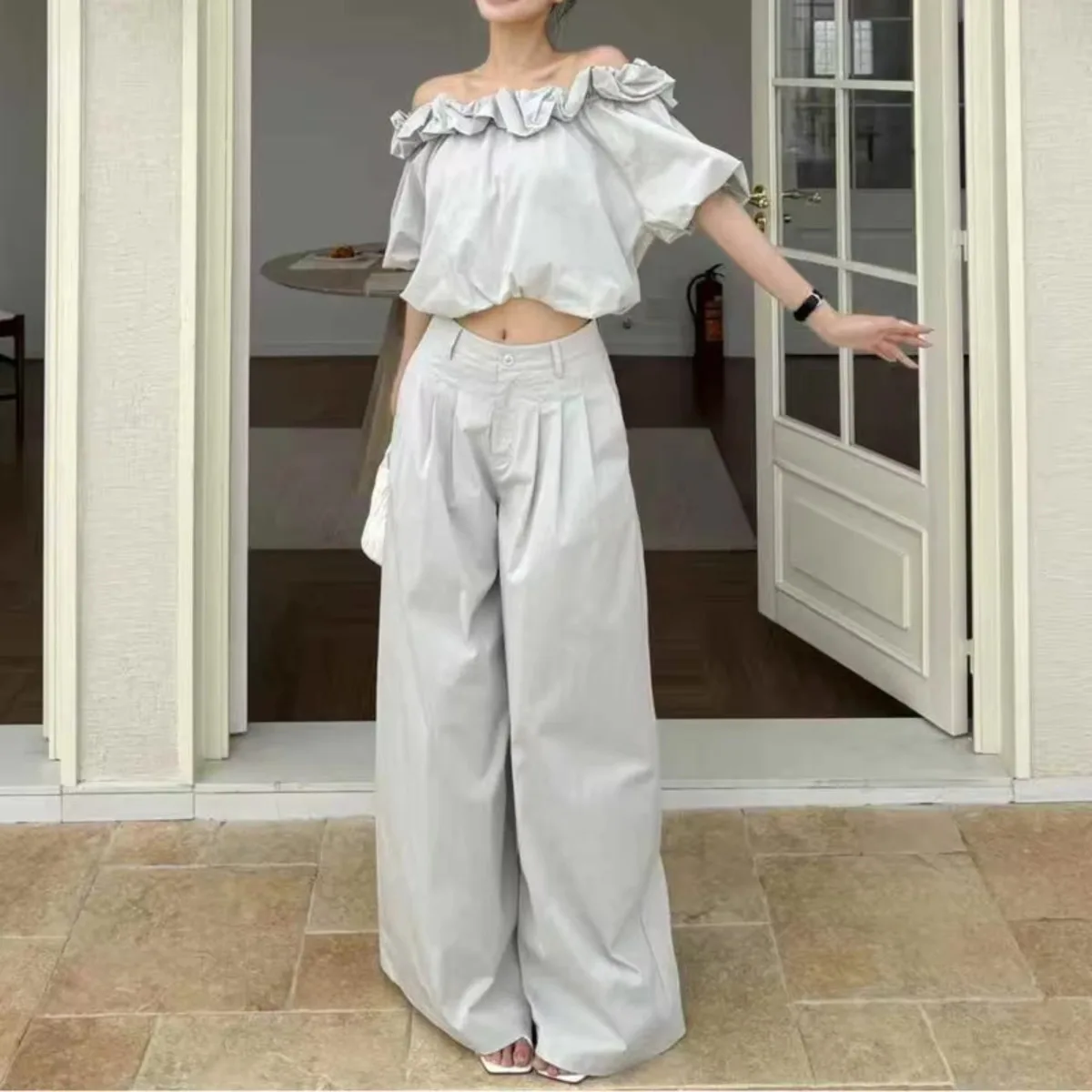 

TOKO 2026 New Women Fashion Two Piece Set Off Shoulder Ruffle Puff Sleeve Crop Top High Waist Wide Leg Pants Casual Outfit
