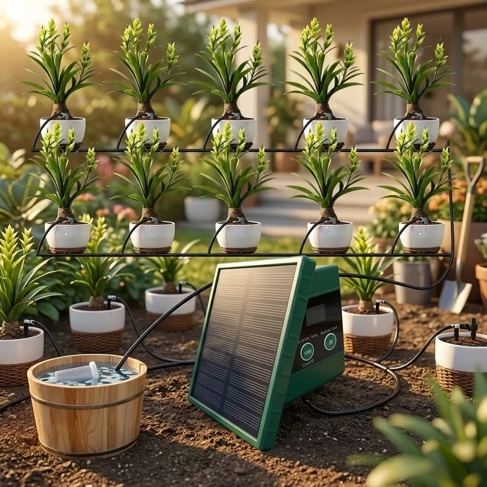 and Play Solar Powered Drip Irrigation Kit Includes Everything Needed 10m Hose 10 Drippers Filter Controller Manual