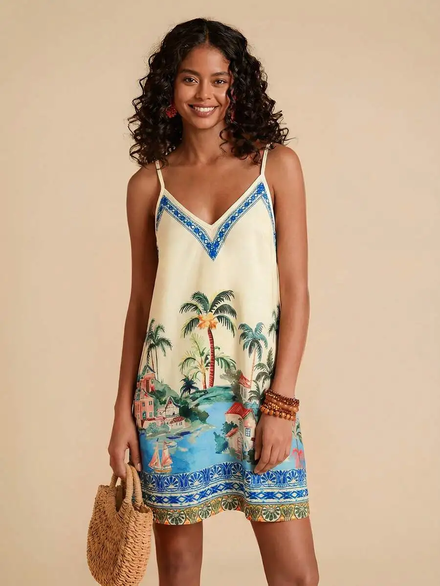 

Lightweight Boho Mini Dress with Tropical Print, Spaghetti Straps, V-Neck, Flowy Fit
