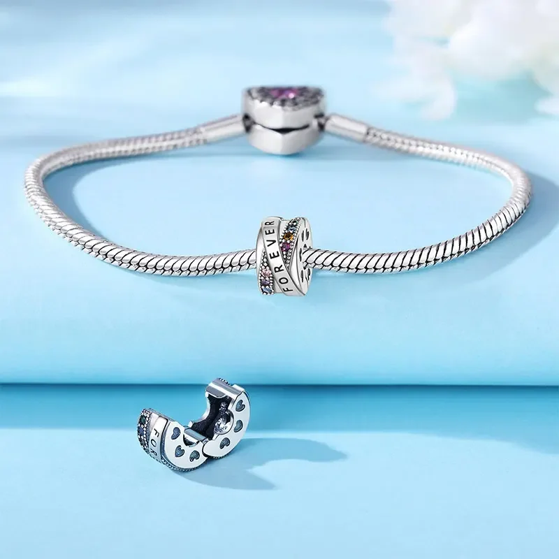 Sterling Silver 925 FOREVER Colourful Zirconia Positioning Buckle Unlimited with Love Positioning Buckle Hearts Love Jewelry