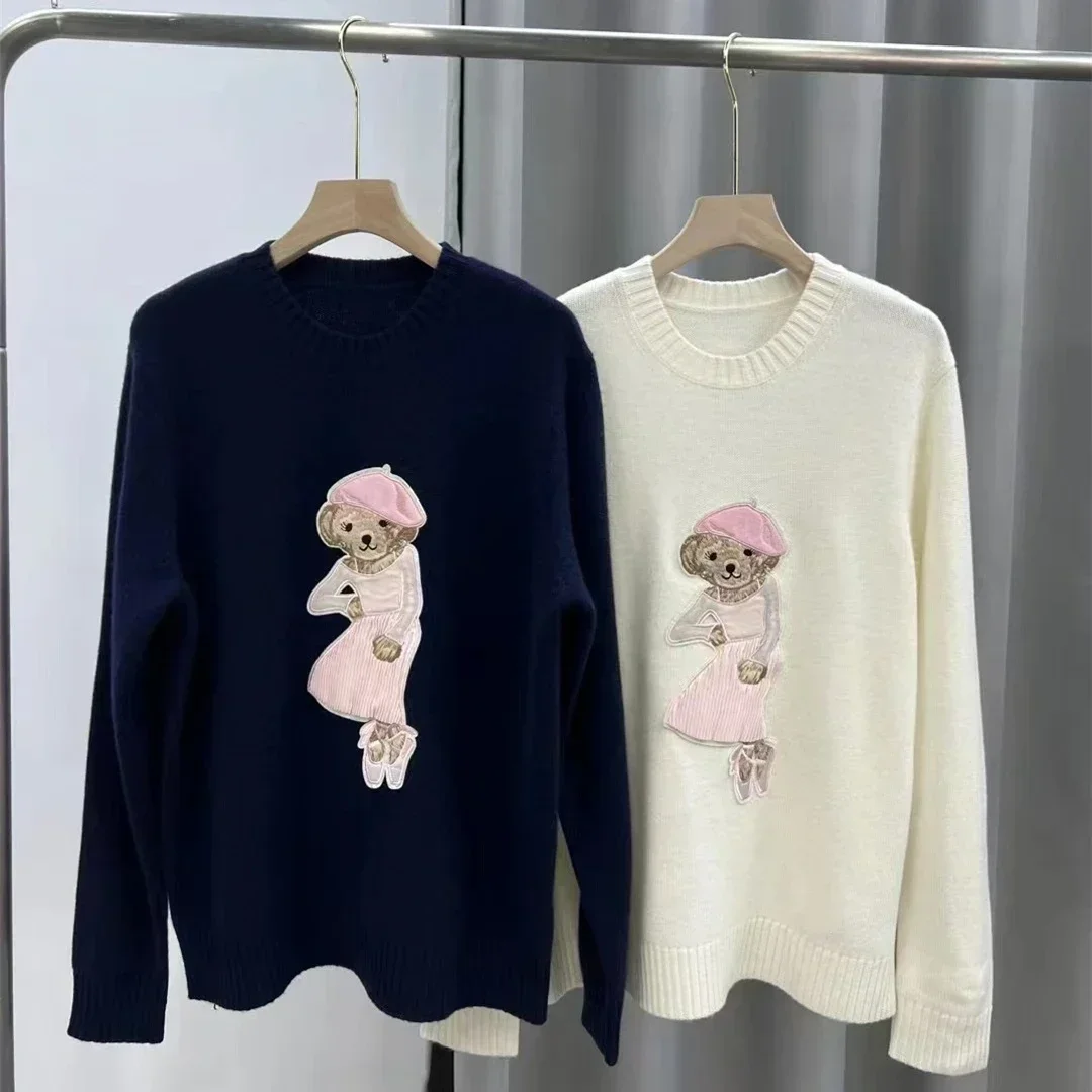 

2023 New Winter Women Knitted Sweaters O Neck RL 100% Cashmere Cartoon Embroidery Bear Fashion Casual Long-sleeve Pullovers