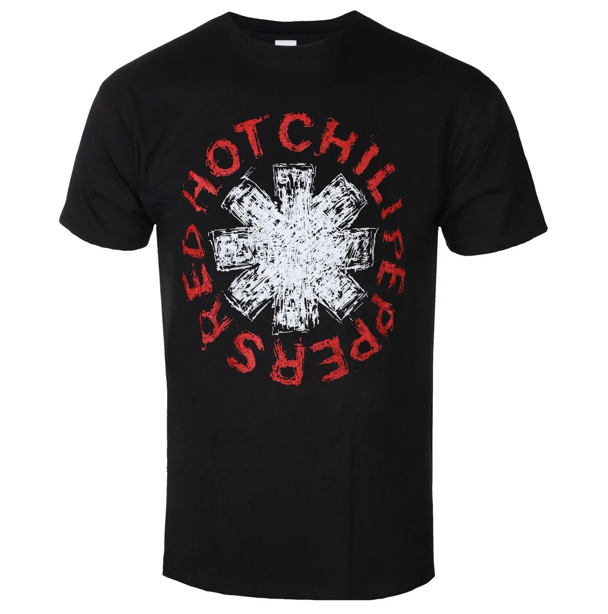 Camiseta gráfica con insignia de estrella de ocho puntas, roja, con letras desgastadas y estrella de ocho puntas rayada blanca, de la banda Red Hot Chili Peppers