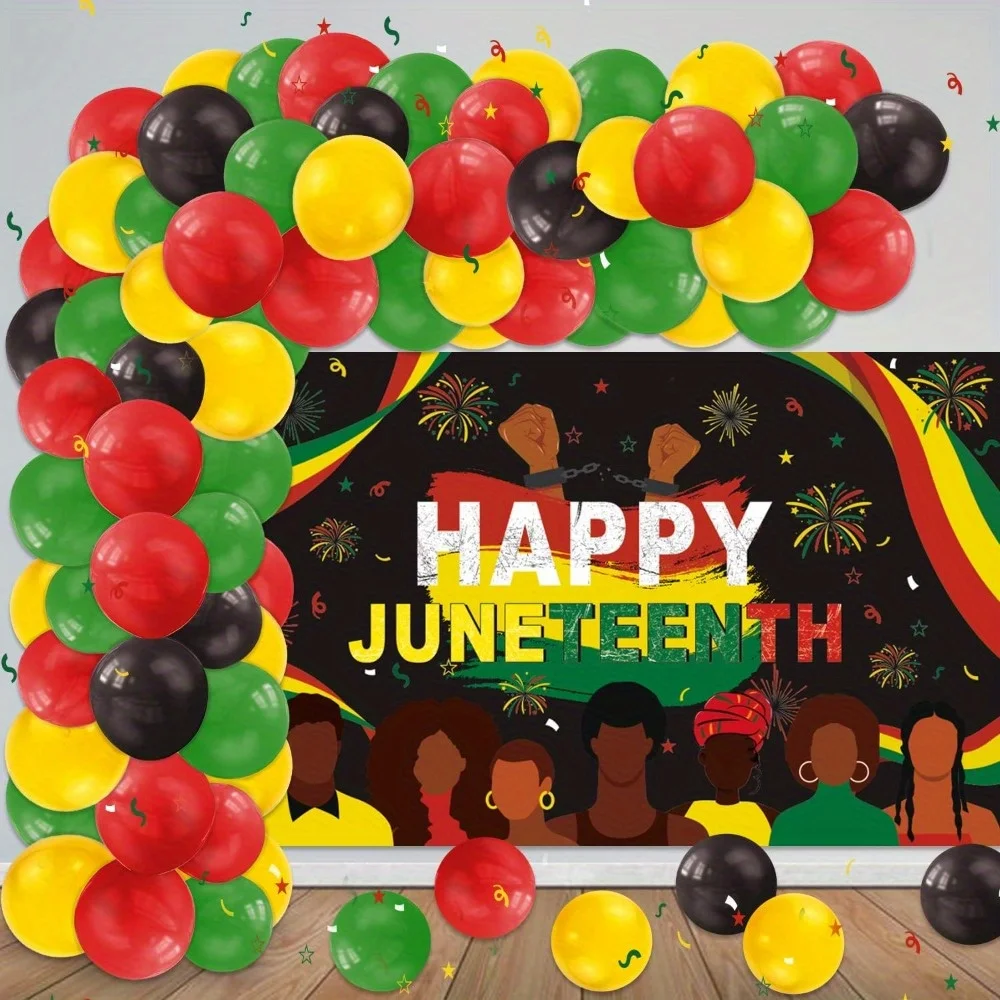 144pcs June Black Independence Day Themed Balloon Arch Set with Red, Black, Green, and Yellow Balloons for Commemoration Day