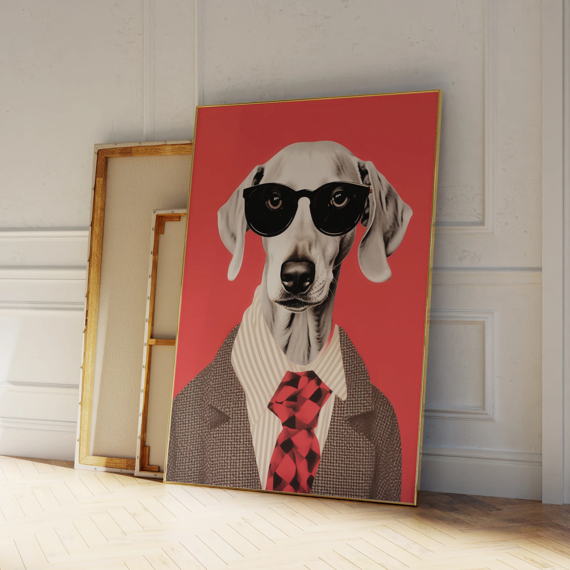 

Современный красный забавный принт с собакой в костюме, танцующей, на холсте, постер, картина для гостиной, декор для дома