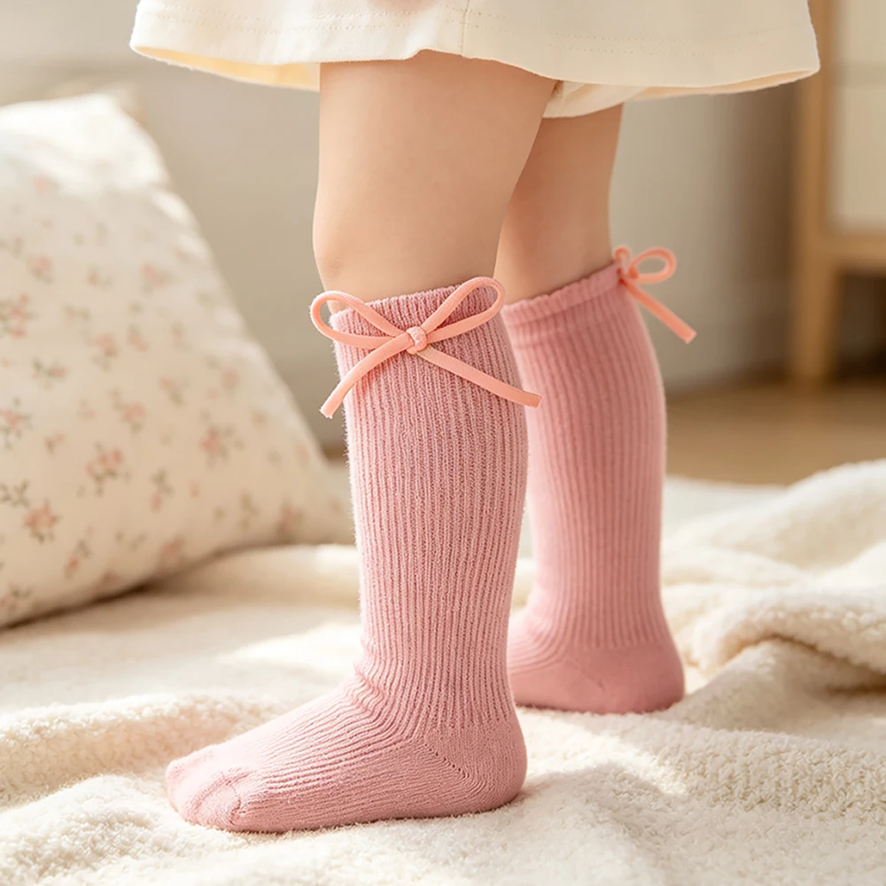1 Pair of Sweet Ribbed Knit Girls Knee High Socks with Cord Bow Soft Breathable Toddler Long Socks for Daily Wear Baby Shower