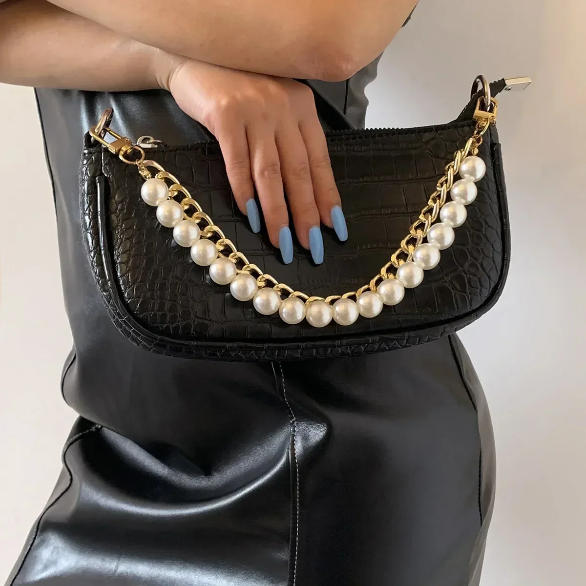 Vintage Pearls Metal Chain Strap Handbag Accessories 26CM Bag Straps for Handbags Handles for Handbag Imitation Pearl Bag Chain