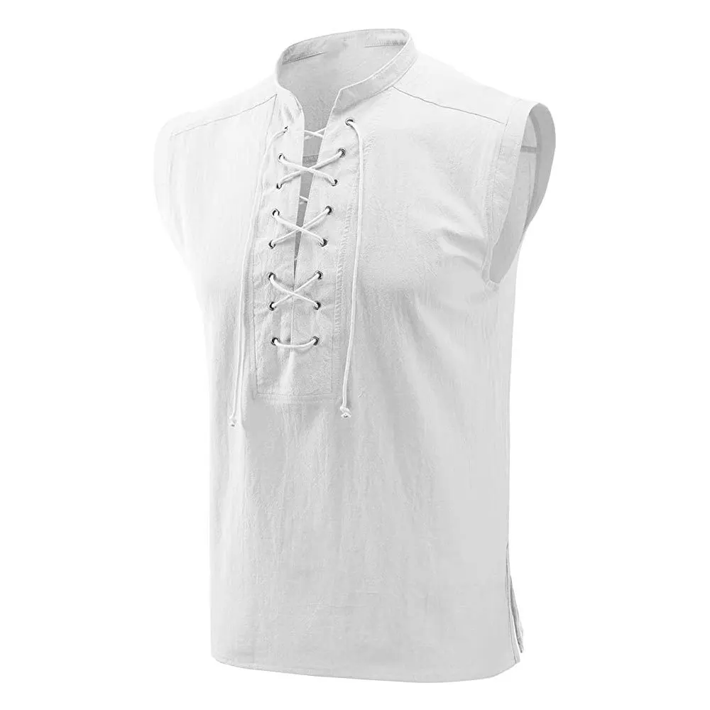 Men Summer Linen Tank Top Sleeveless T-Shirt Lace-up Design Solid Color Shirt Loose Fit Vest Daily Cotton Linen Vest Clothing