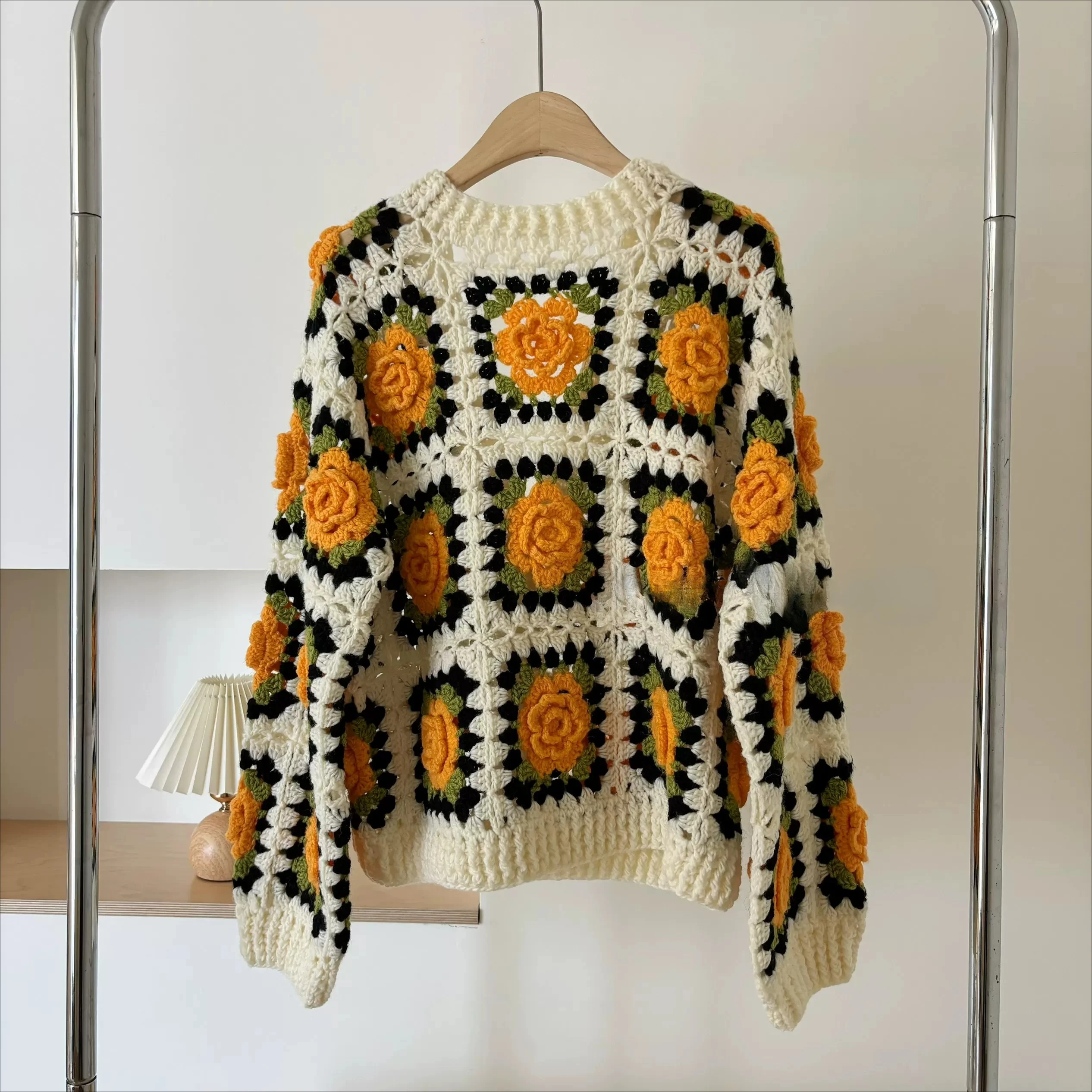 Handmade Sunflower Crochet Cardigan Vintage Granny Square Knit Sweater 3D Floral Boxy Cropped Jacket