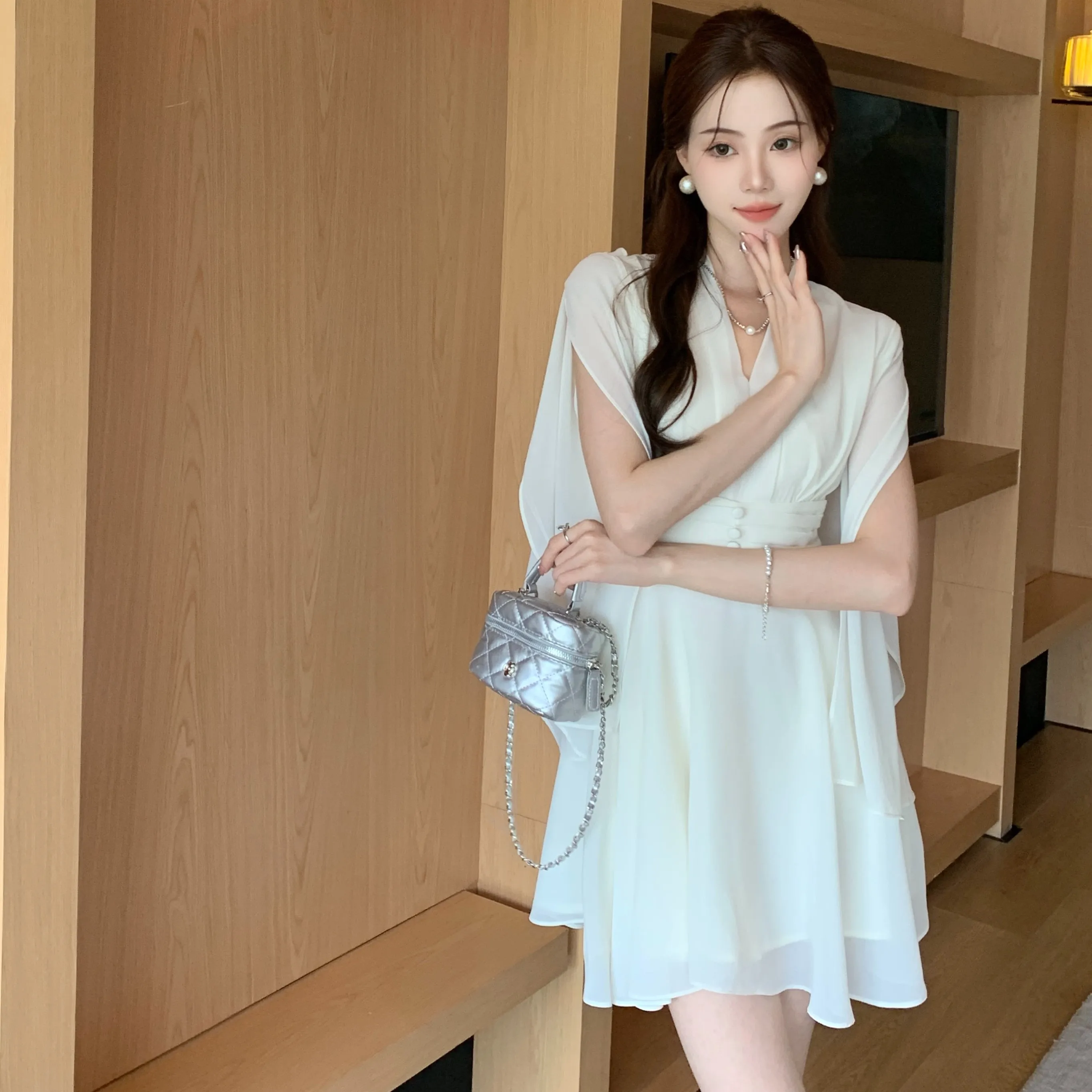 Elegant Luxury Dresses for Women Fairycore Irregular Long Sleeve Chiffon Dress Sweet Ruffles Fashion Summer White Mini Dress Y2K