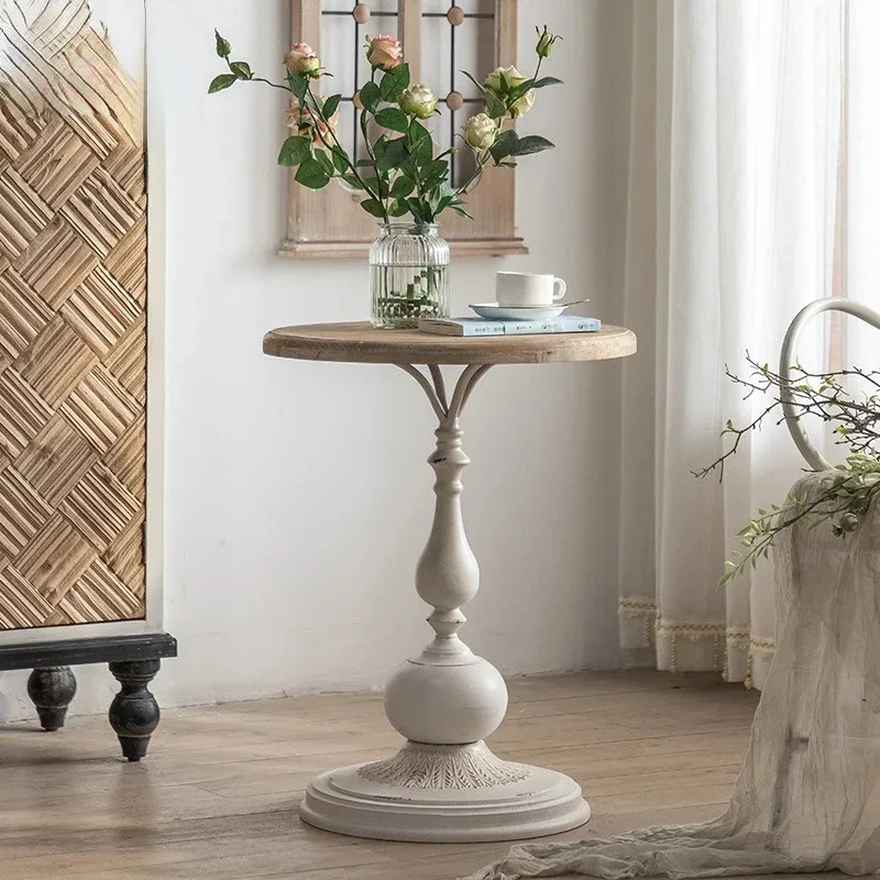 Mesa de centro pequeña de madera maciza Vintage, mesa esquinera de salón de diseño francés, mesa redonda, mesas auxiliares, mesas de centro para balcón