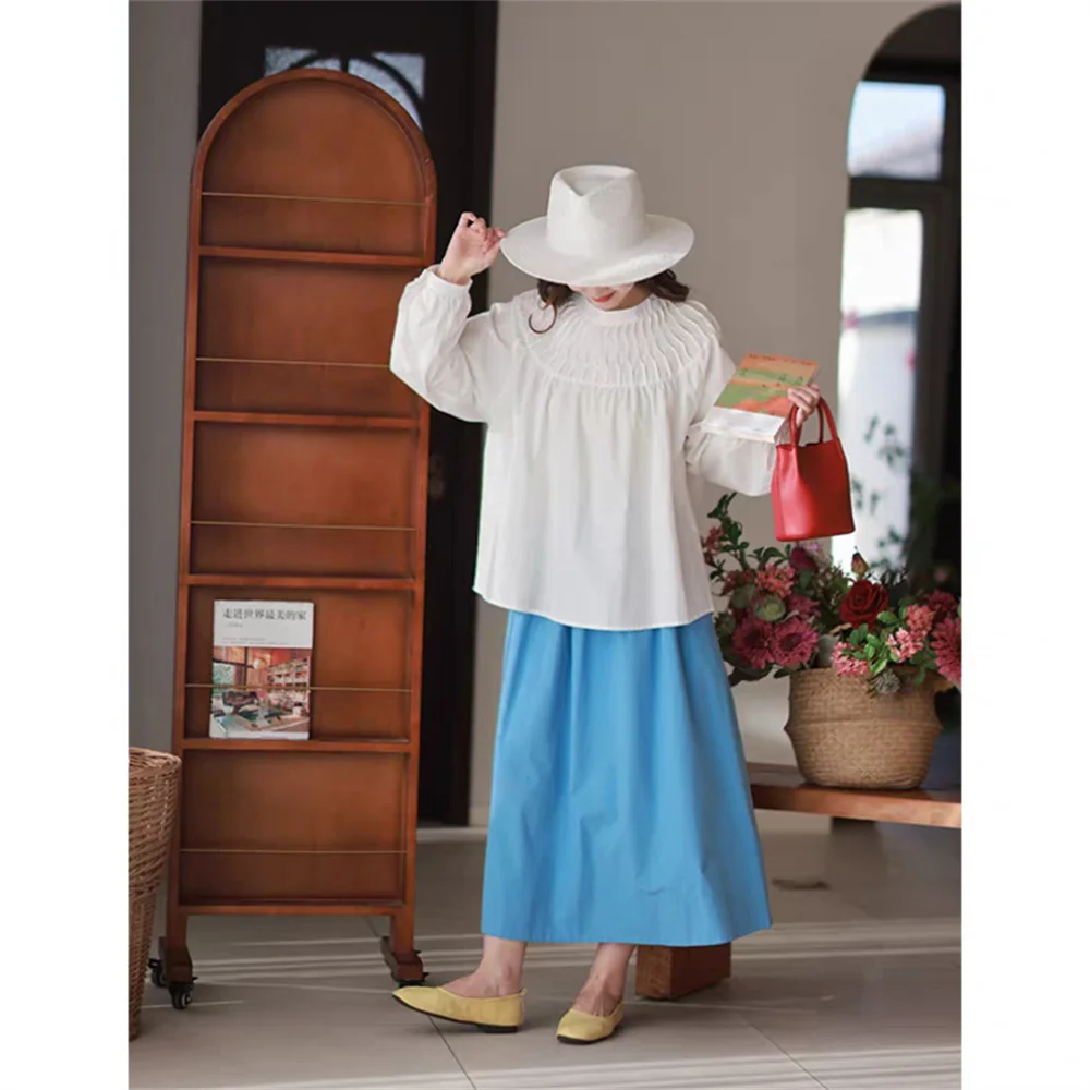 Saia Feminina Casual Solta Versão Coreana de Algodão e Linho de Alta Qualidade, Modelo Evasê, Cor Sólida, Estilo Commuter, Tamanhos Grandes, para o Verão