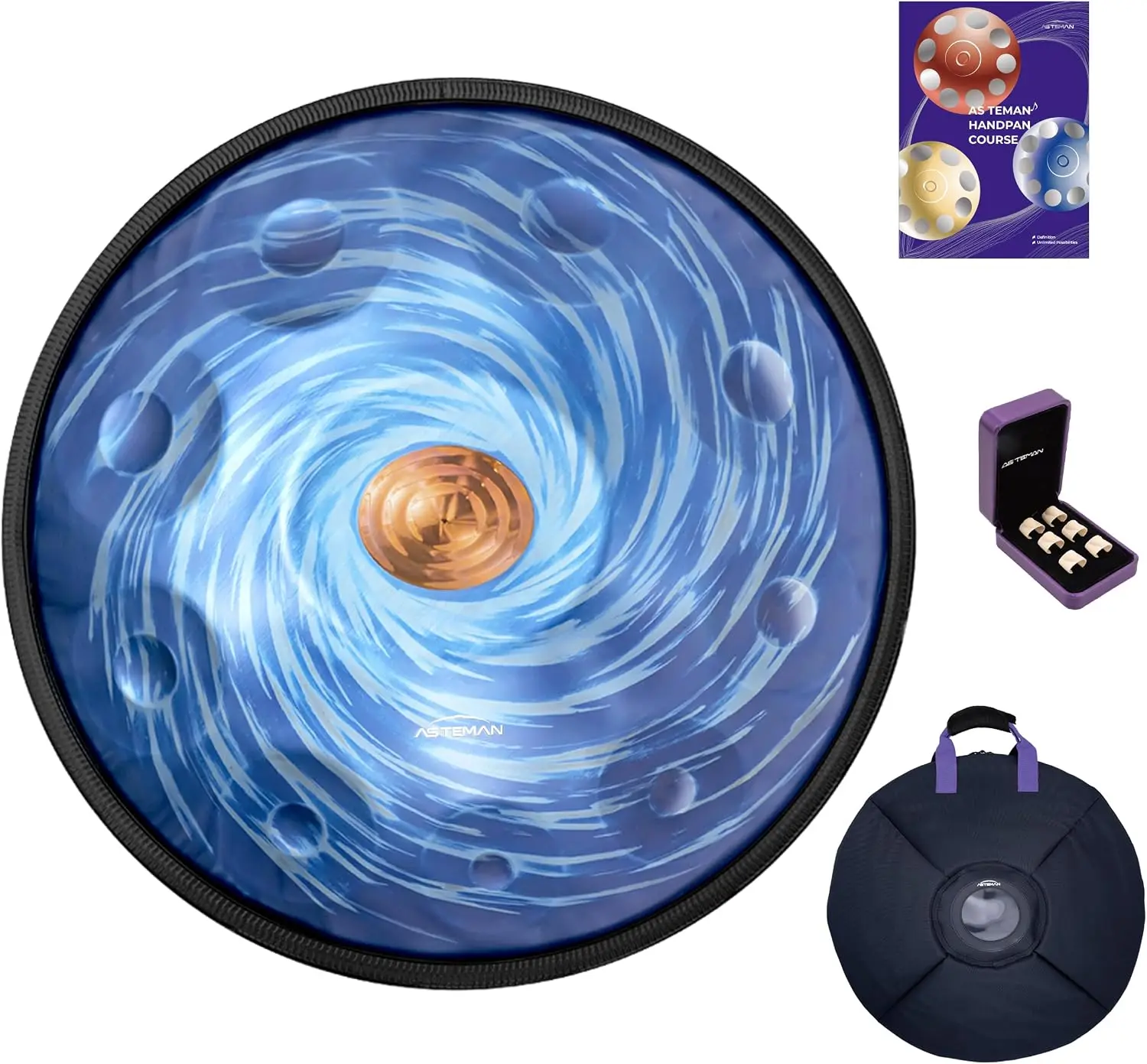 22 Inch Steel Hand Drum, D Minor Tuning with 11 Notes, Comes with Bag, Mallets, Stand and Dust-Free Cloth, Black Hole Blue