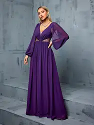 Mgiacy Deep V bust pleated bubble long sleeve slit waist hollowed sequins Chiffon A full skirt Evening gown ball dress