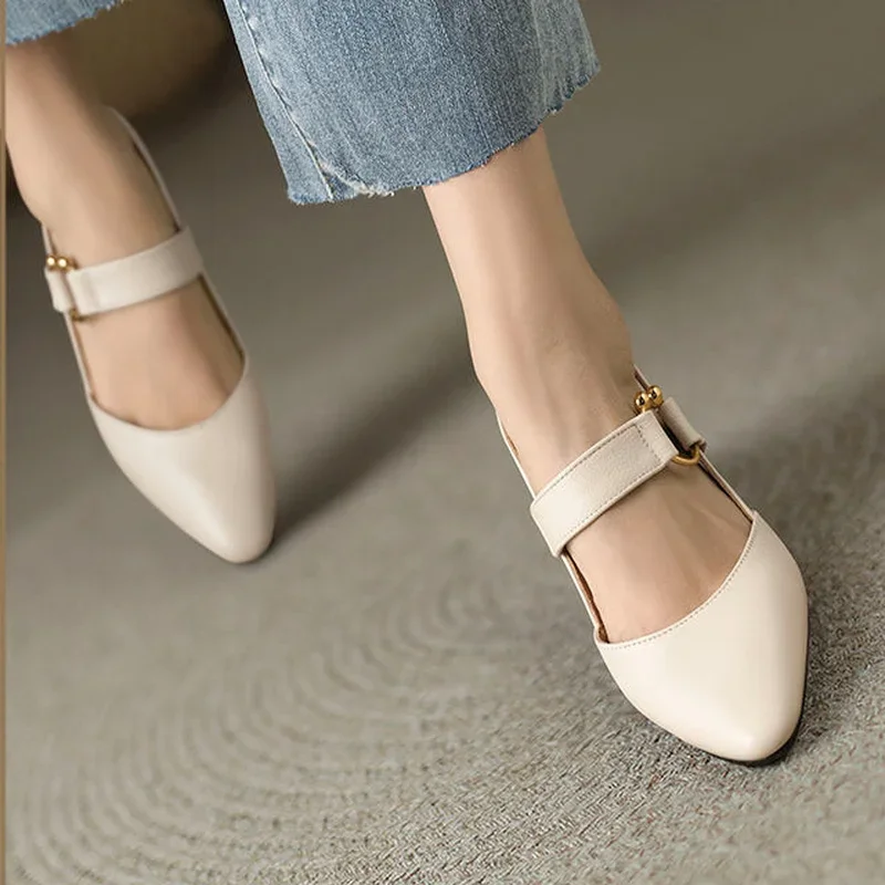 High Heels Women\'s Shoes Pointed Toe Sandals for Woman Block Heel Buckles Footwear One Word Leather Summer 2024 Vintage Trend H