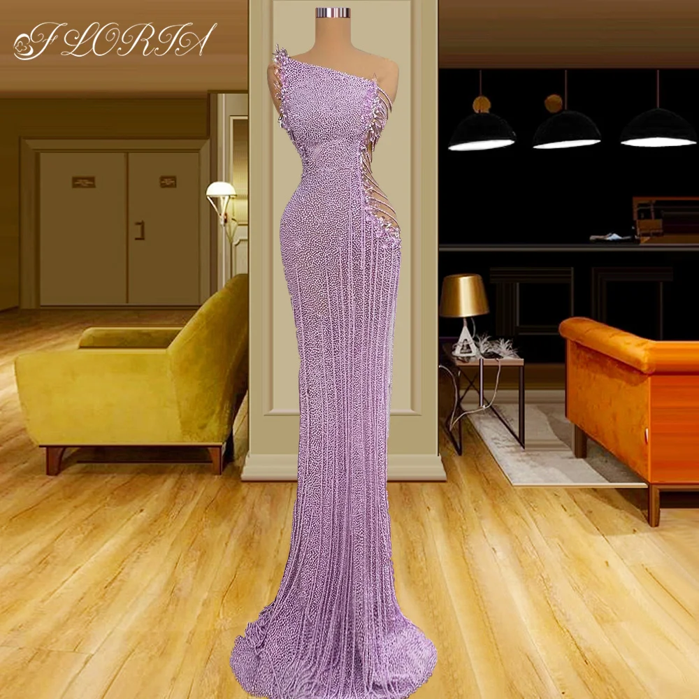 

Elegant Romantic Lavender Full Beads Pearls Evening Dress with Long Tassels Crystal Mermid Prom Dress Robe De Soiree femme