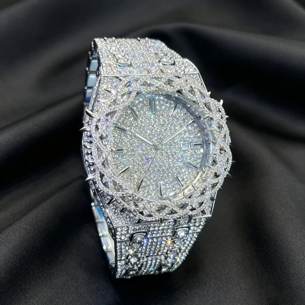 Missfox Watch For Men Full Diamond Hip Hop Lced Out Men's Watches Blue Number Calendar Waterproof Octagonal Luxury Wristwatch