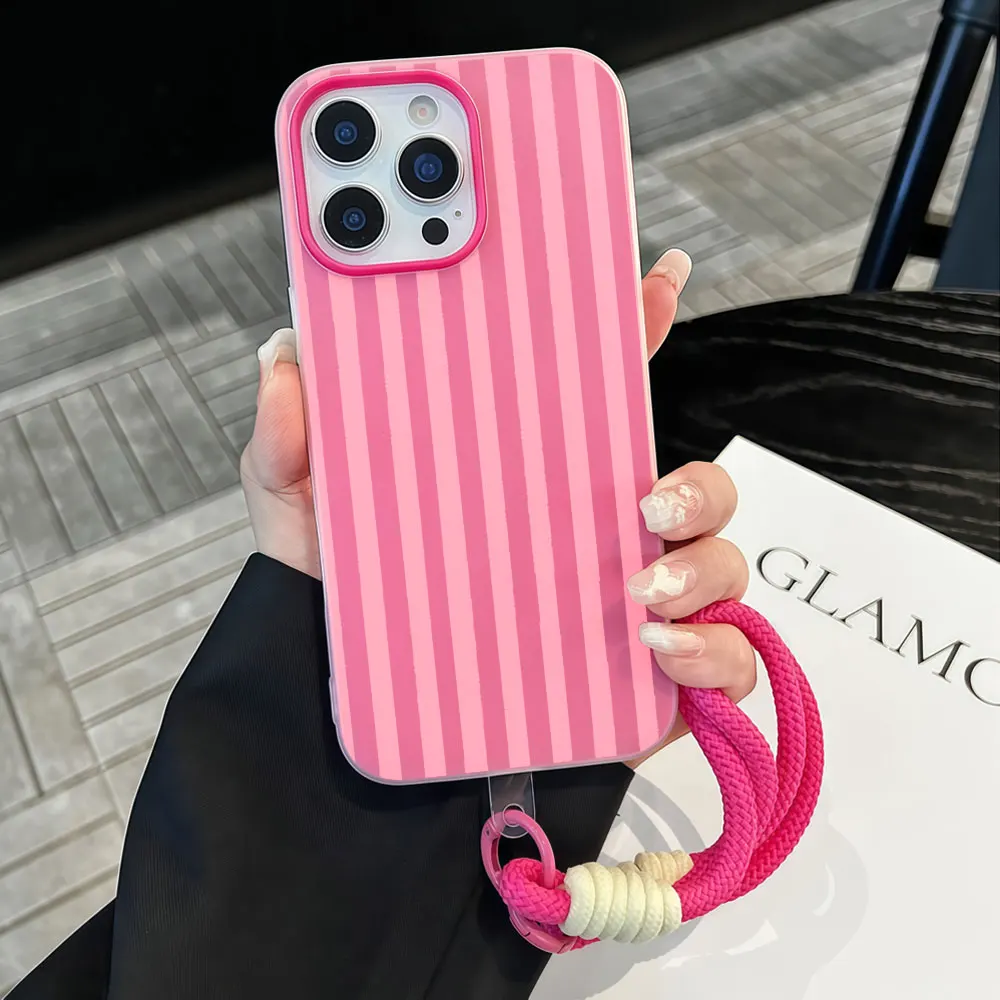 Bumper Protection Phone Case For Redmi Note 14 11 10 13 12 Pro Plus 5G 4G 14C 15C 2 in 1 Matte Cover Pink Striped Lanyard Fundas