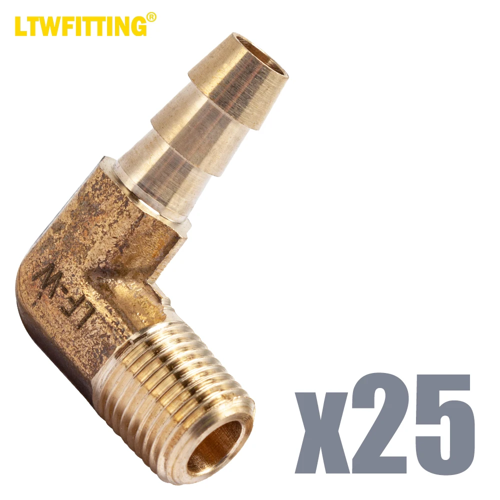 LTWFITTING LF 90 Deg Elbow Brass Barb Fitting 1/4" Hose Barb x 1/8" Male NPT Thread Fuel Boat Water (Pack of 25)