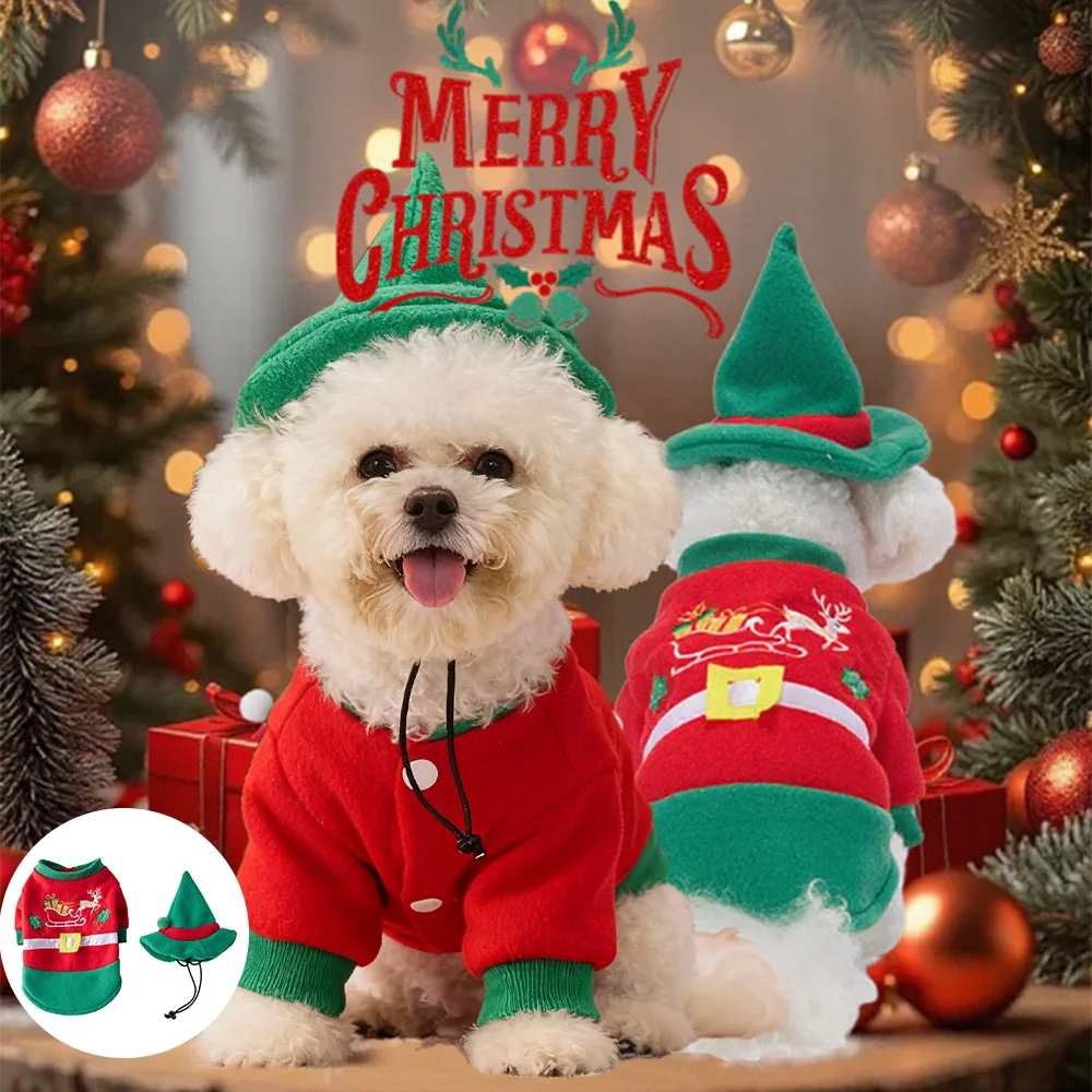 

Christmas Dog Hoodie Plaid with Bell Warm Fleece Puppy Clothes Costume for Small Dogs Cats Xmas Party Winter Coat Apparel