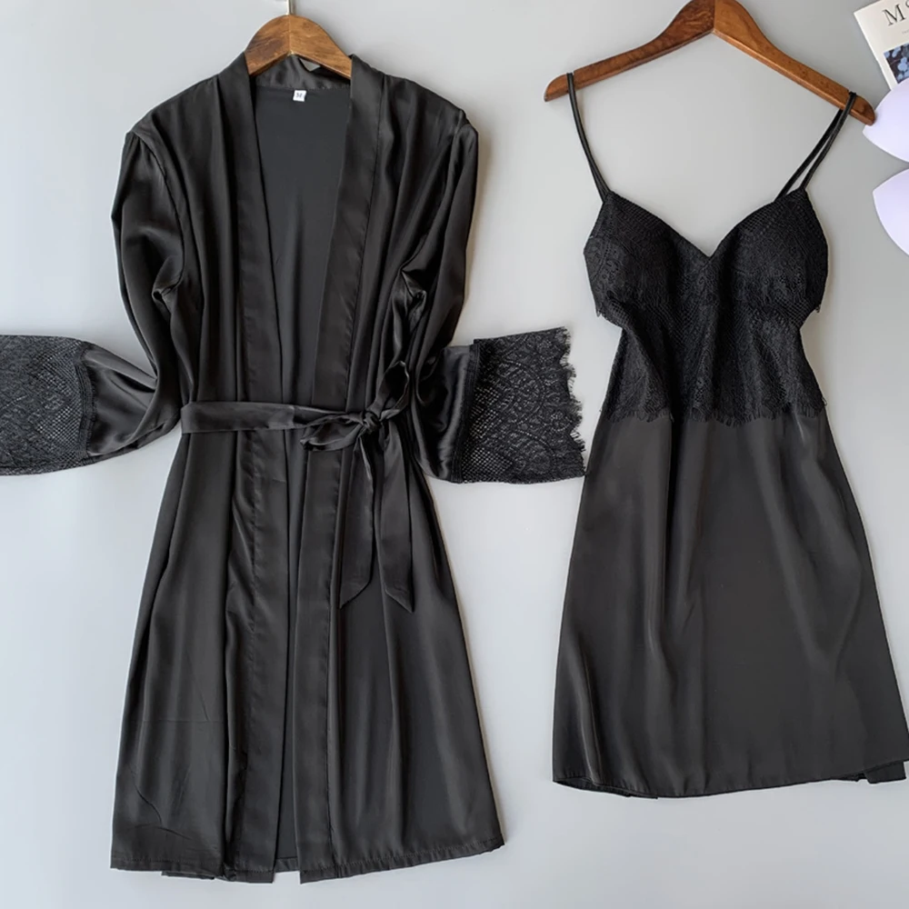 

Female Twinset Robe Set Sexy Lace Sleepwear with Strap Nightgown Summer V-Neck Loungewear Sleepwear Patchwork Home Dressing Gown