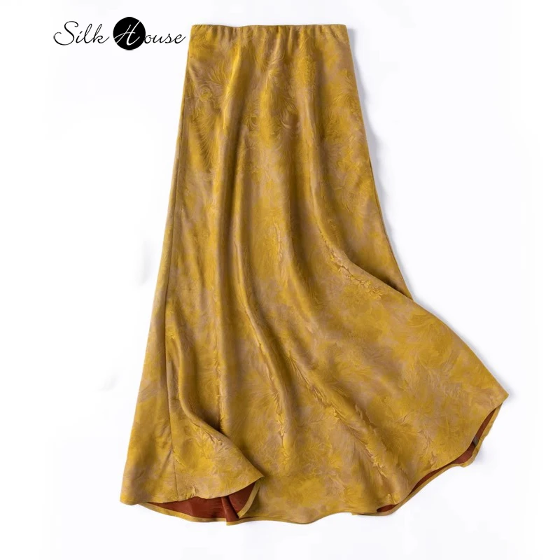 

2025 Women's Fashion Spring New 100% Natural Mulberry Silk Gambiered Guangdong Gauze Rich Gold Extended Big Swing Skirt