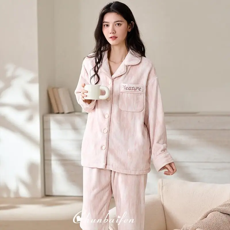 

Thickened Flannel Autumn Winter Cardigan Loose Outerwear Homewear Women's Pajama Set Coral Fleece Cozy Warm Sleepwear Loungewear