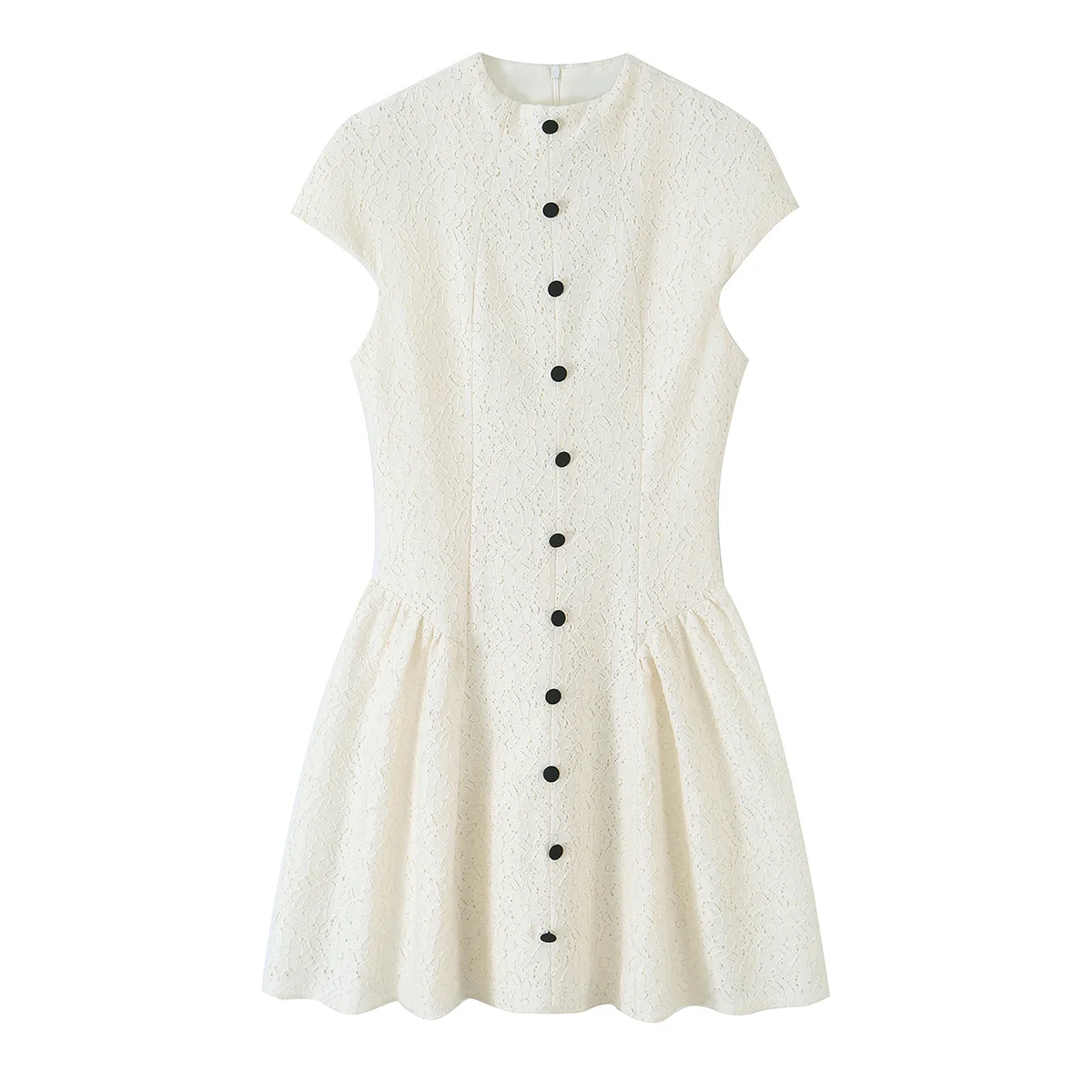 Elegantes Damen-Spitzen-Mini-A-Linien-Kleid, Modisches Lässiges Kurzarm-Kleid mit Knopfleiste, Süßes Damenkleid mit Rundhalsausschnitt in Unifarbe – Detail 2
