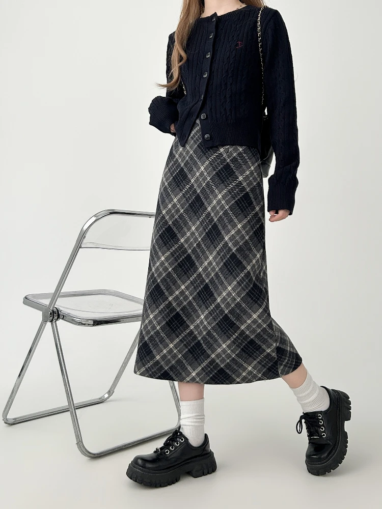 Mid-Calf Skirts Women Plaid High Waist A-line Wrap Hip Slim American Style Vintage Temperament OL All-match Stylish Autumn New