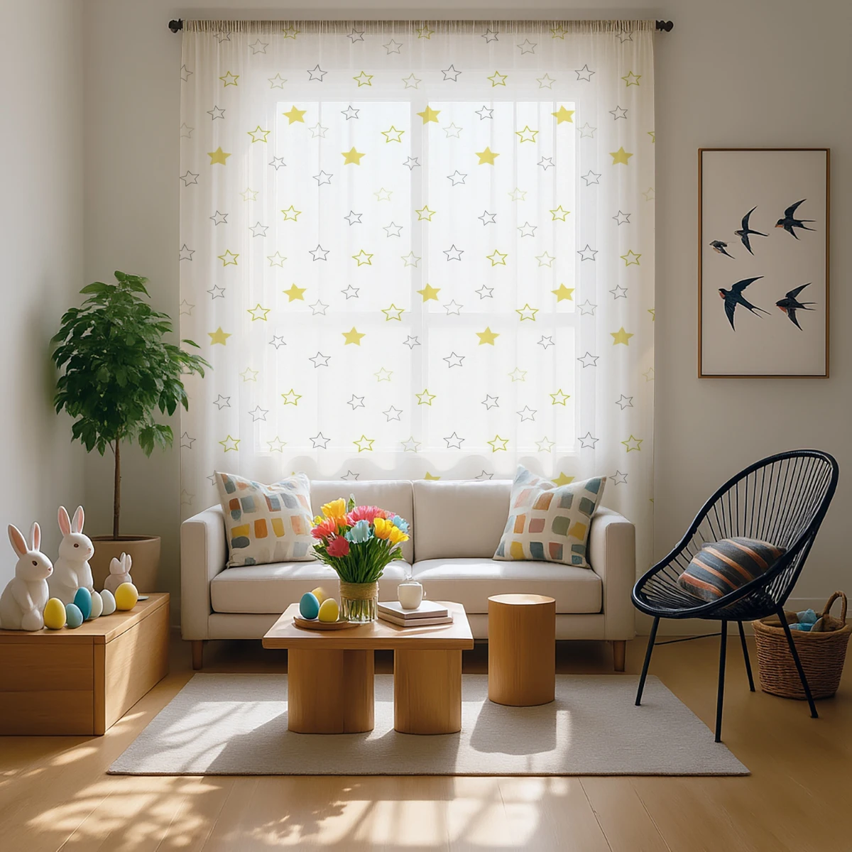 1 Piece Cute Yellow Star Sheer Curtain - Light Filtering, Privacy, Rod Pocket, for Living/Bedroom/Kids Room