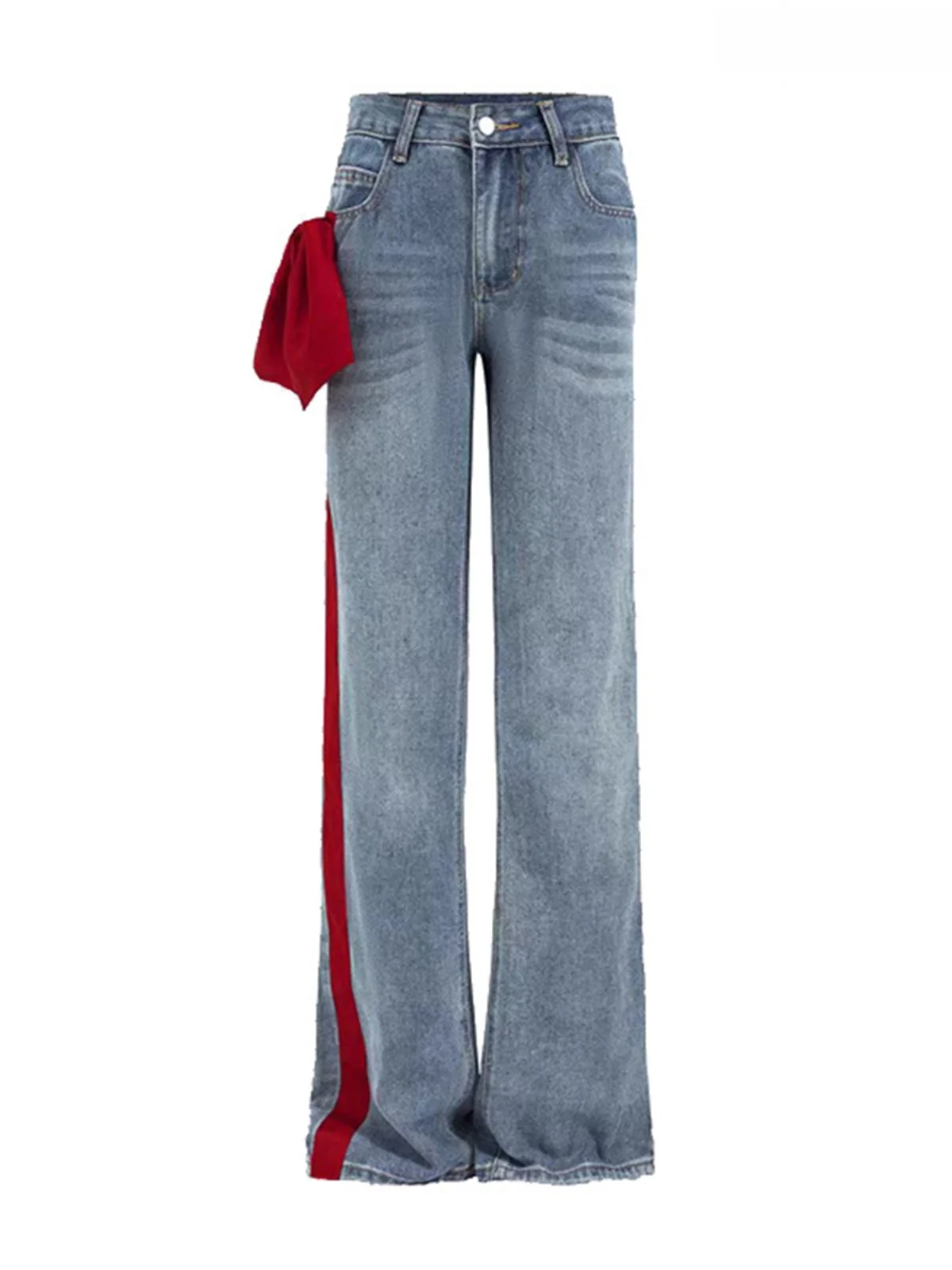 

High Waist Wide Leg Denim Pants Side Color Block Knot Casual Long Trousers for Women Comfortable Wear Resistant